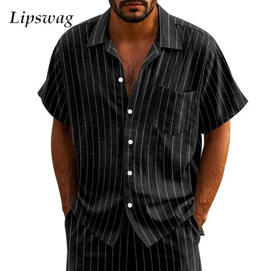 New Casual Mens Linen Shirts Summer Leisure Breathable Loose Short Sleeve Striped Shirt For Men Outdoor Fashion Button Lapel Top