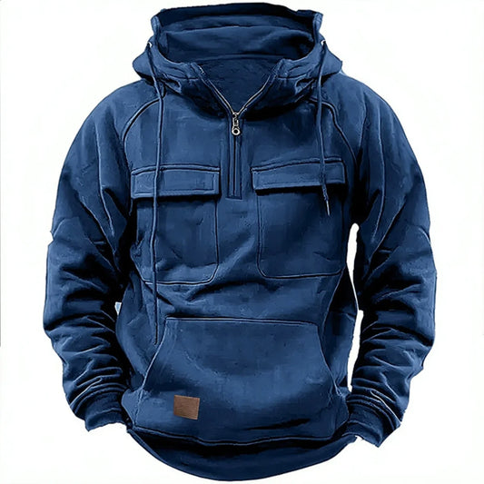 New autumn-winter men's hooded solid-color casual hoodie - fashionable young man's multi-pocket patch hoodie pullover shirt
